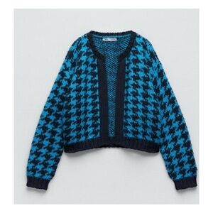 Zara blue black knit houndstooth  open cardigan NEW